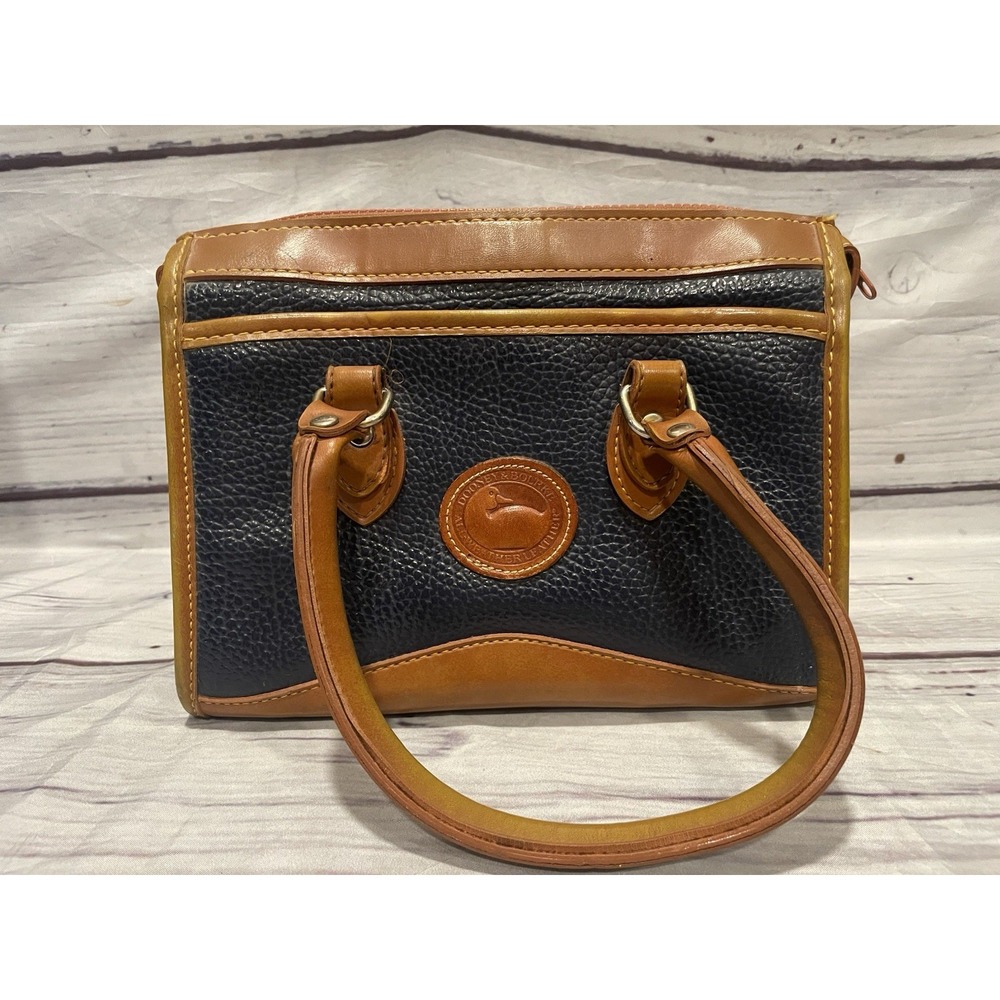 Vintage Dooney & Bourke Small Navy Brown Tote Purse Bag Leather